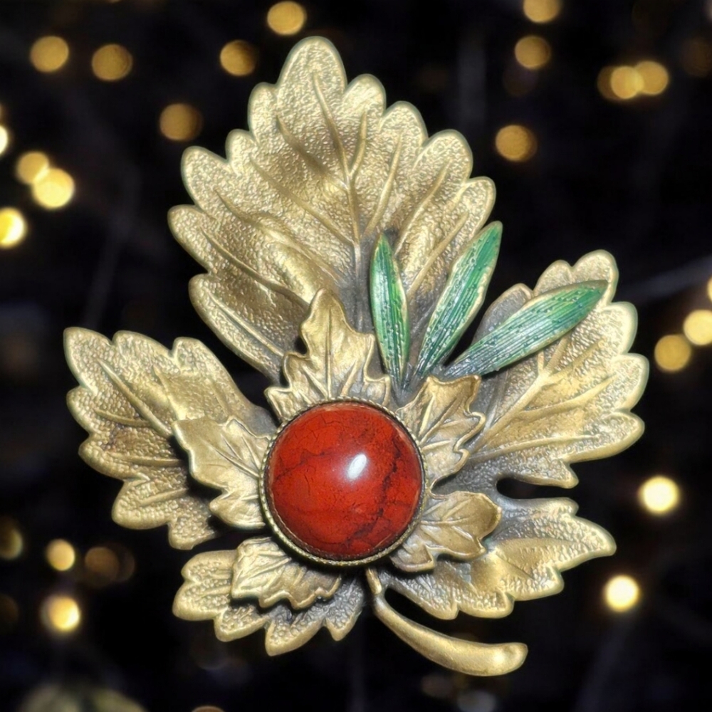 Vintage Maple Leaf Brooch Pin Layered Multi Metal & Agate Accent 2" Fall Jewelry